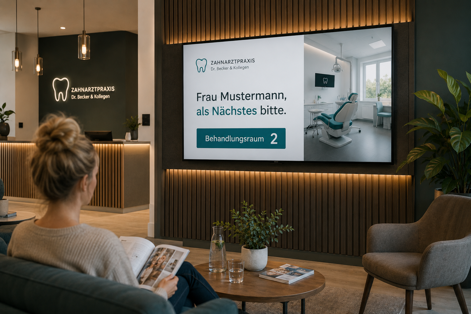 Modernes Wartezimmer mit digitalem Bildschirm